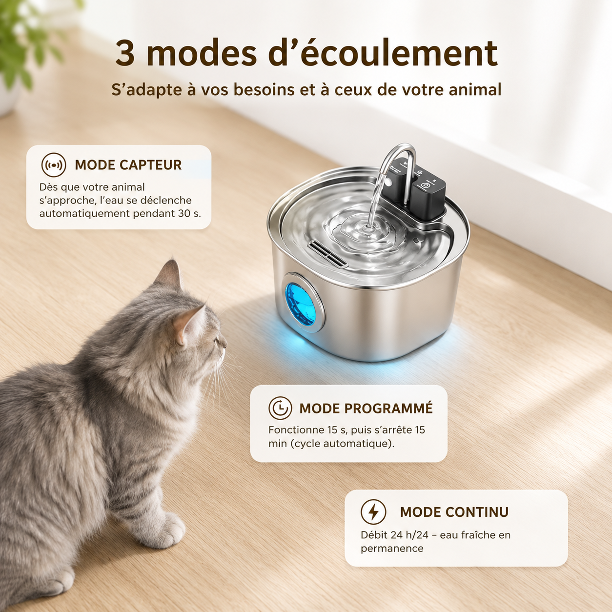 Fontaine à Eau pour Chat Sans Fil – Inox, 3,2L, Détection Intelligente, Hydratation Optimale
